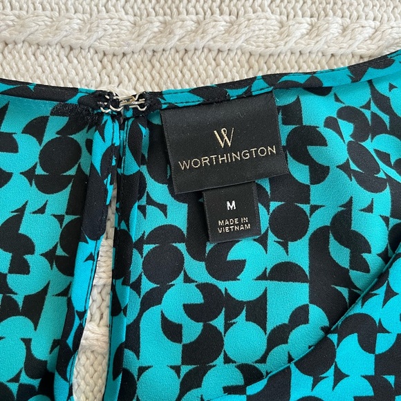 Worthington Turquoise & Black Patterned Sleeveless Blouse Women’s Size Medium - Picture 11 of 14